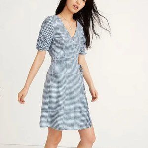 Madewell gingham wrap dress blue and white EUC